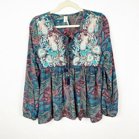Raga Mystic Garden Paisley Peplum Swing Blouse Tassel Tie Neck Womens Size Small - Picture 2 of 8